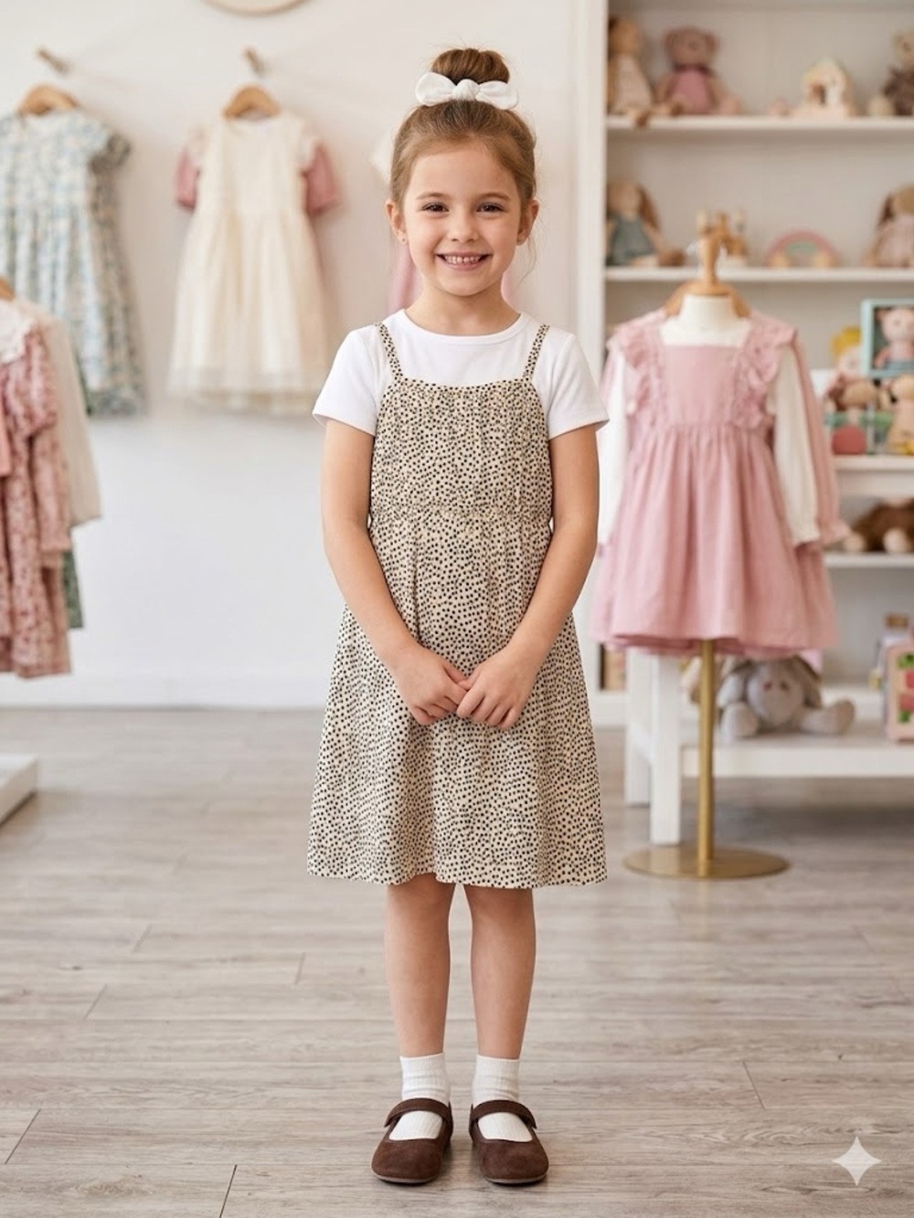 wonder nation Cream Dress with Black Dot Print and White Tee